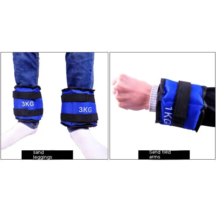 Pair of Oxford cloth legging sandbags for athletic resistance training in weights from 1kg to 6kg.
