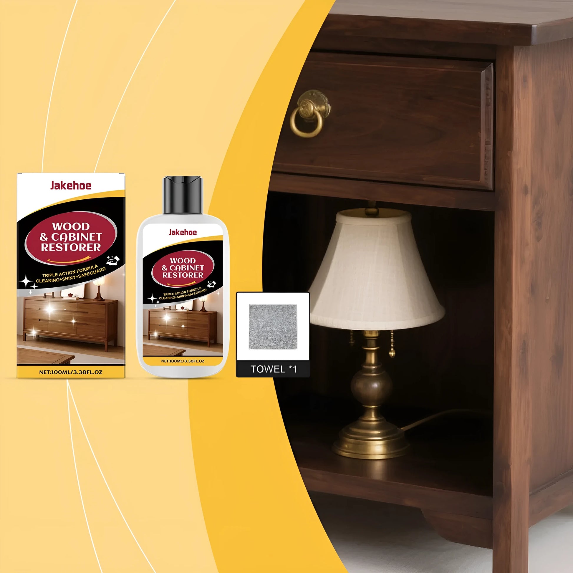 100ml bottle of wood scratch care agent and a 20cm x 20cm white microfibre towel on a wooden table.