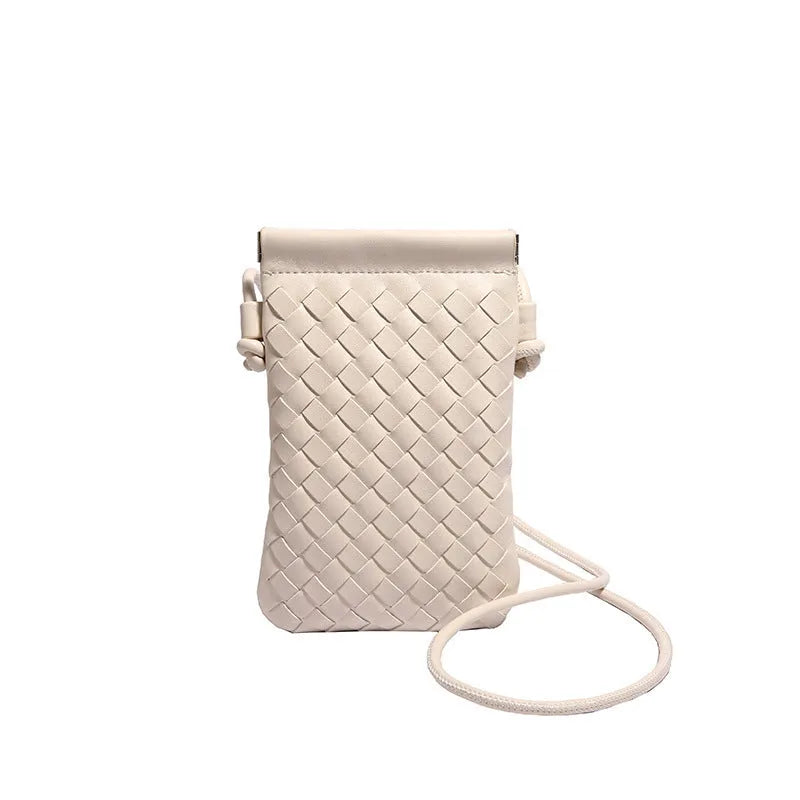 Vintage weave crossbody phone bag in pu leather showing vertical square design and dark cell interior