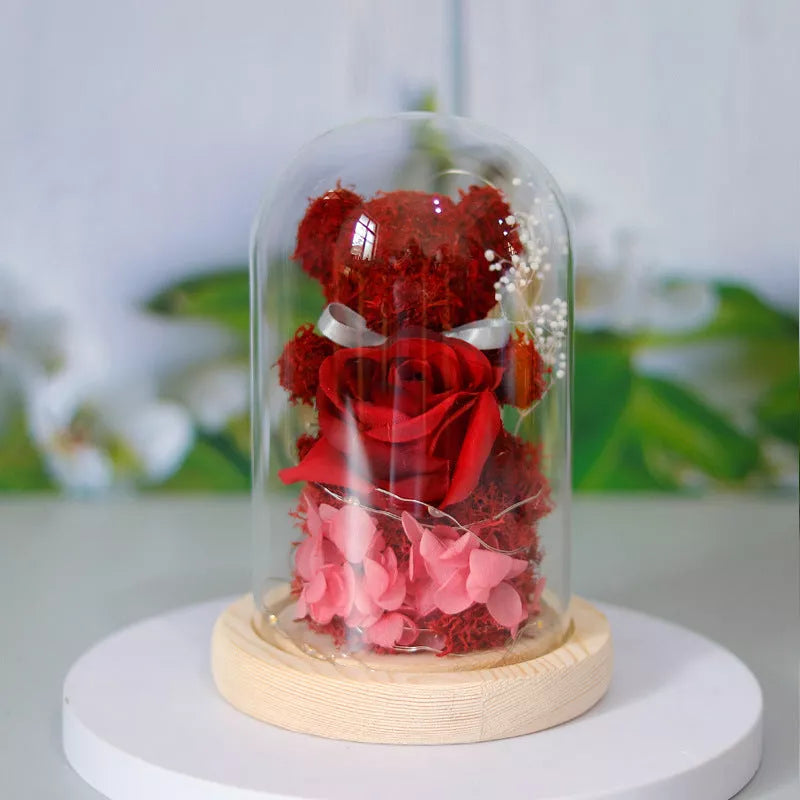 Eternal preserved rose and teddy bear gift box with warm LED lights
