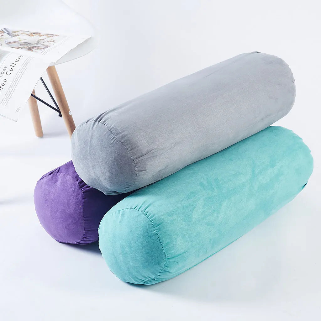 Cotton and linen yoga auxiliary pillow with cotton filling, shown in blue, green, grey, or purple for living room use