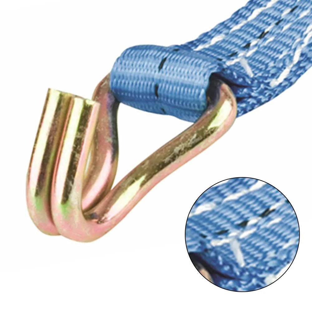 Steel hook and polyester ratchet tensioner binding strap for securing cargo and pallets.