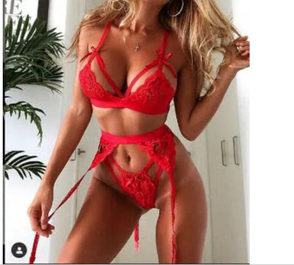Red and white lace lingerie set with detailed lace pattern, available in sizes S to XL