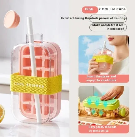 Portable instant ice maker cup in green colour with straw, showing one-click molding mechanism.