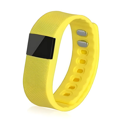 Ordinary plastic and ABS bracelet pedometer showing display, available in black, blue, green, orange, yellow.