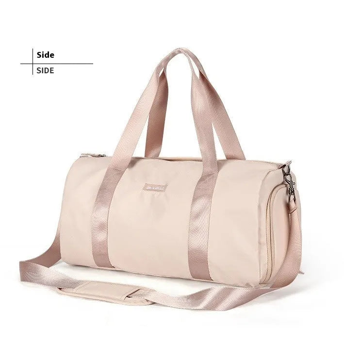 Beige casual sports bag with letter pattern and contrast colour details.