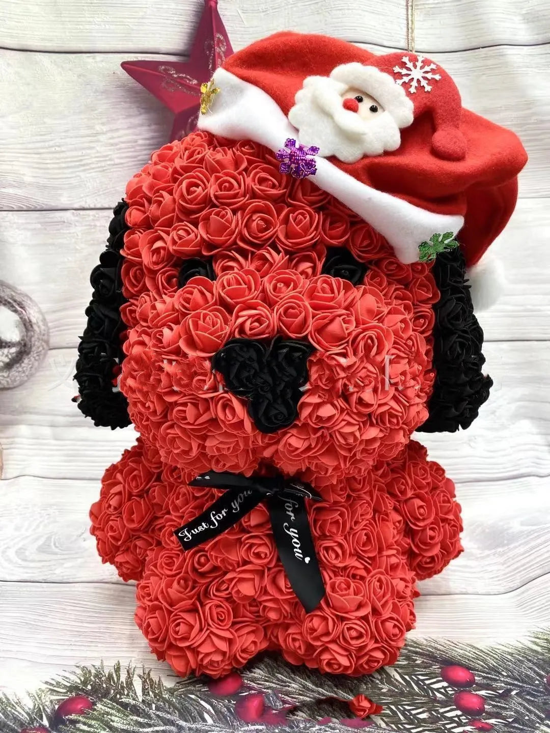 40cm tall plastic rose bouquet with grey pug dog centrepiece and soap flower elements