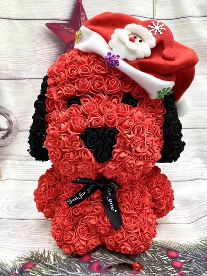 40cm tall plastic rose bouquet with grey pug dog centrepiece and soap flower elements
