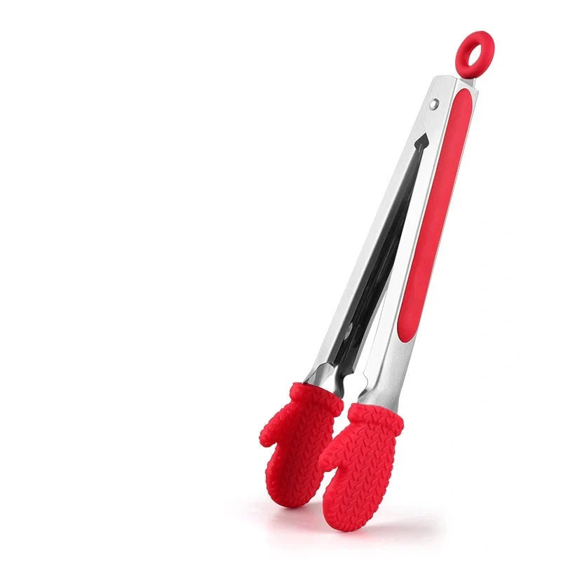 Christmas-themed silicone kitchen tongs with locking clip for bread and BBQ