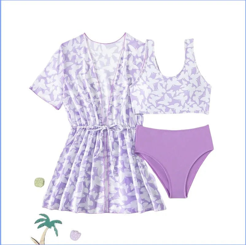 Three-piece girls swimsuit cover-up set in polyester with vest and pants for ages 8-12