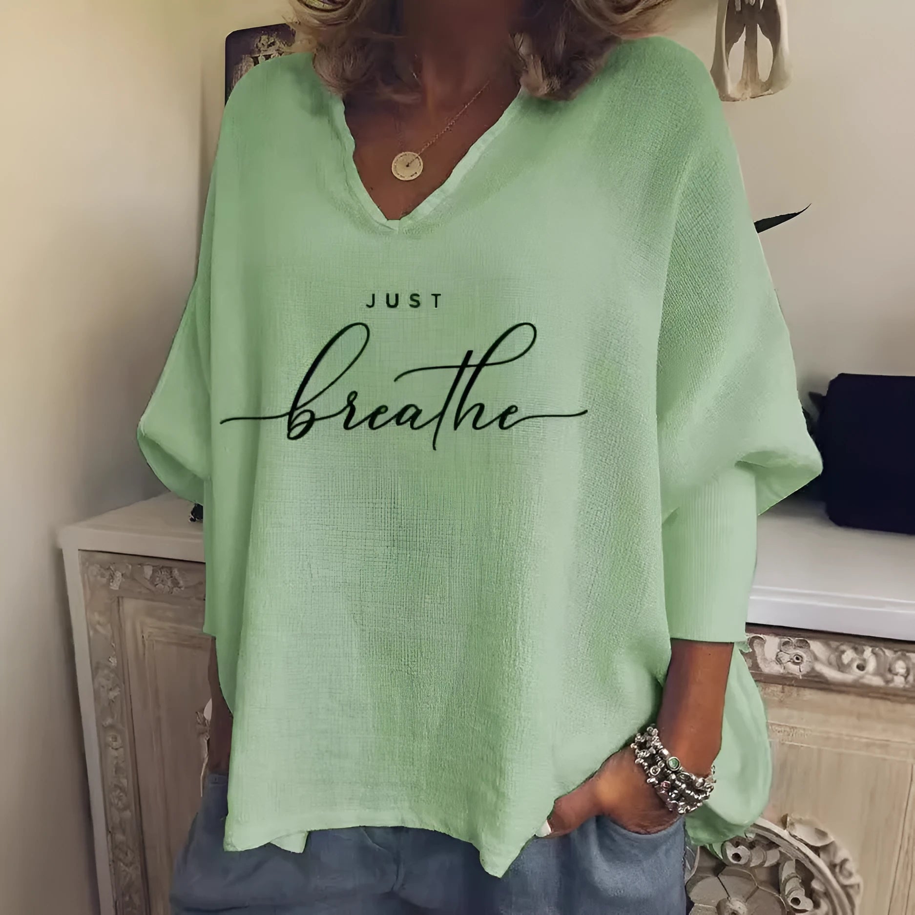 Women's loose fit V-neck long sleeve top in brushed milk silk with digital printing pattern