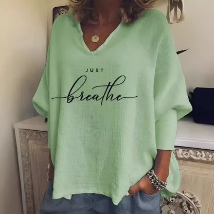 Women's loose fit V-neck long sleeve top in brushed milk silk with digital printing pattern