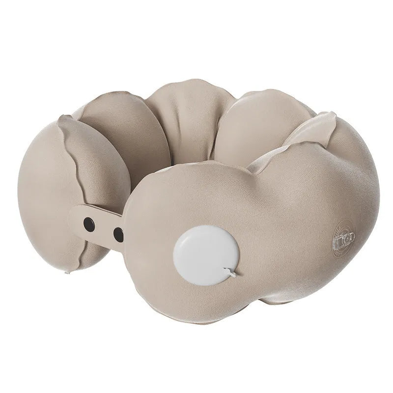 Inflatable U-shaped travel neck pillow in cloud bubble cartoon design showing air valve