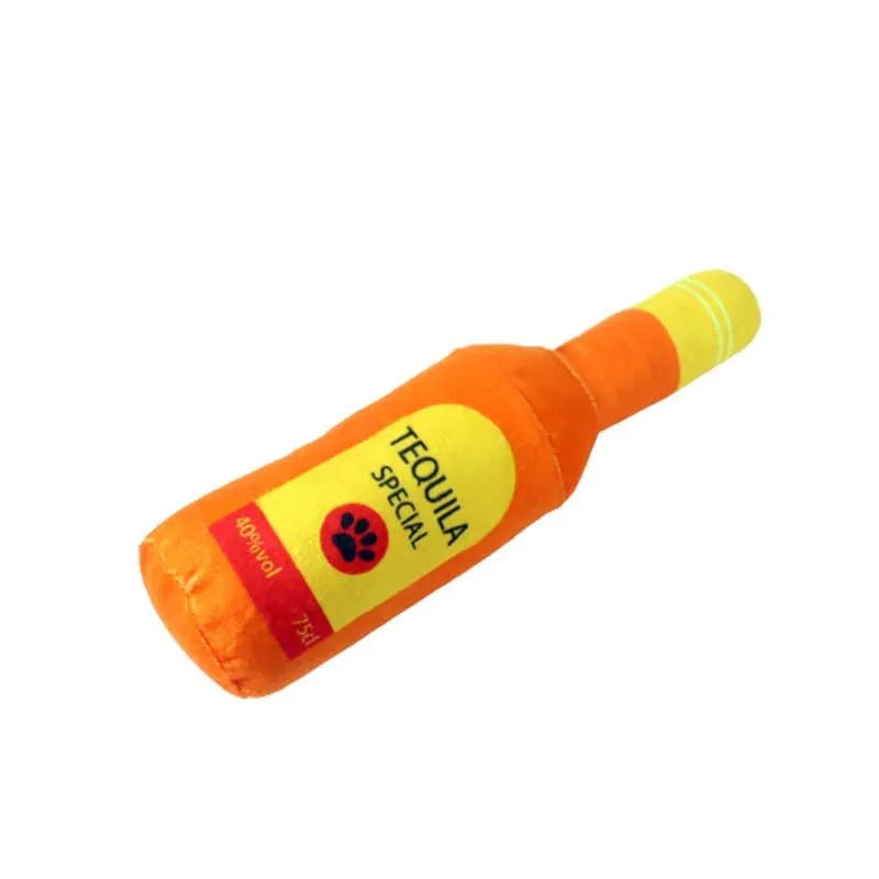 Soft green plush wine bottle pet toy for cats and dogs on a white background.