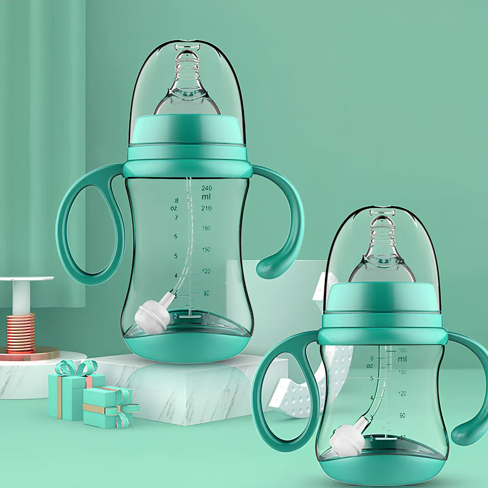 Blue PP baby feeding bottle with curved handles, 240mL capacity, wide calibre, transparent BPA-free design for easy cleaning