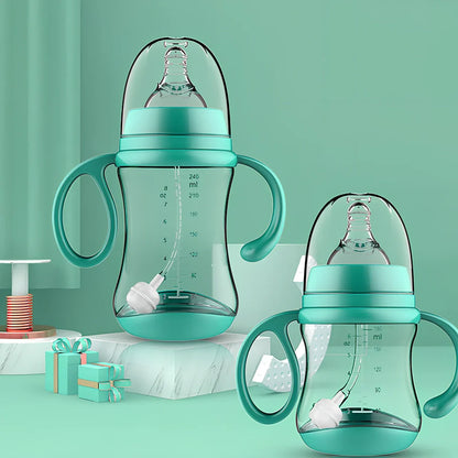 Blue PP baby feeding bottle with curved handles, 240mL capacity, wide calibre, transparent BPA-free design for easy cleaning