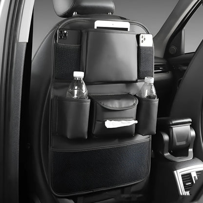Genuine leather car seat back storage bag hanging from a headrest, shown in brown colour.