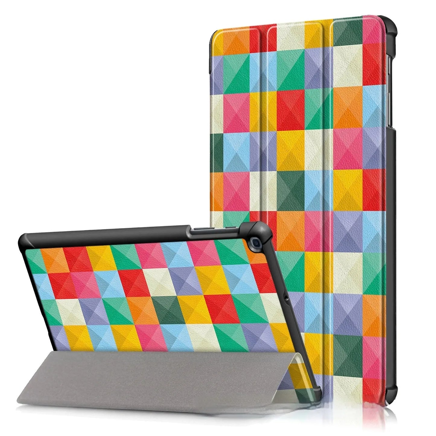 Plastic tri-fold flip cover case for a Samsung tablet showing decorative design options.