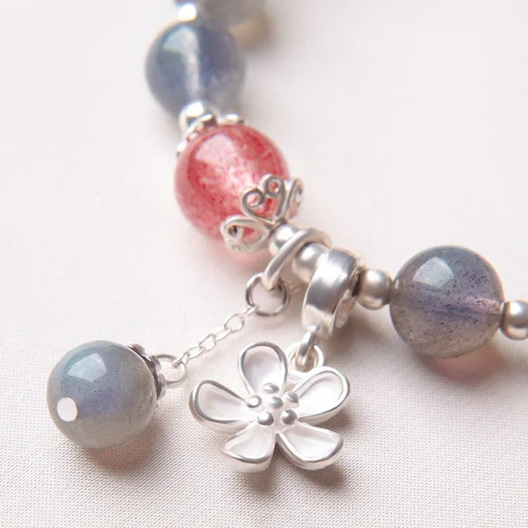 Moonlight Lime Crystal Bracelet Women's 925 Silver Honeysuckle Design featuring 7.5mm Moonlight Strawberry Stone Grey Moonlight Gemstone Animal Zodiac Style Jewellery