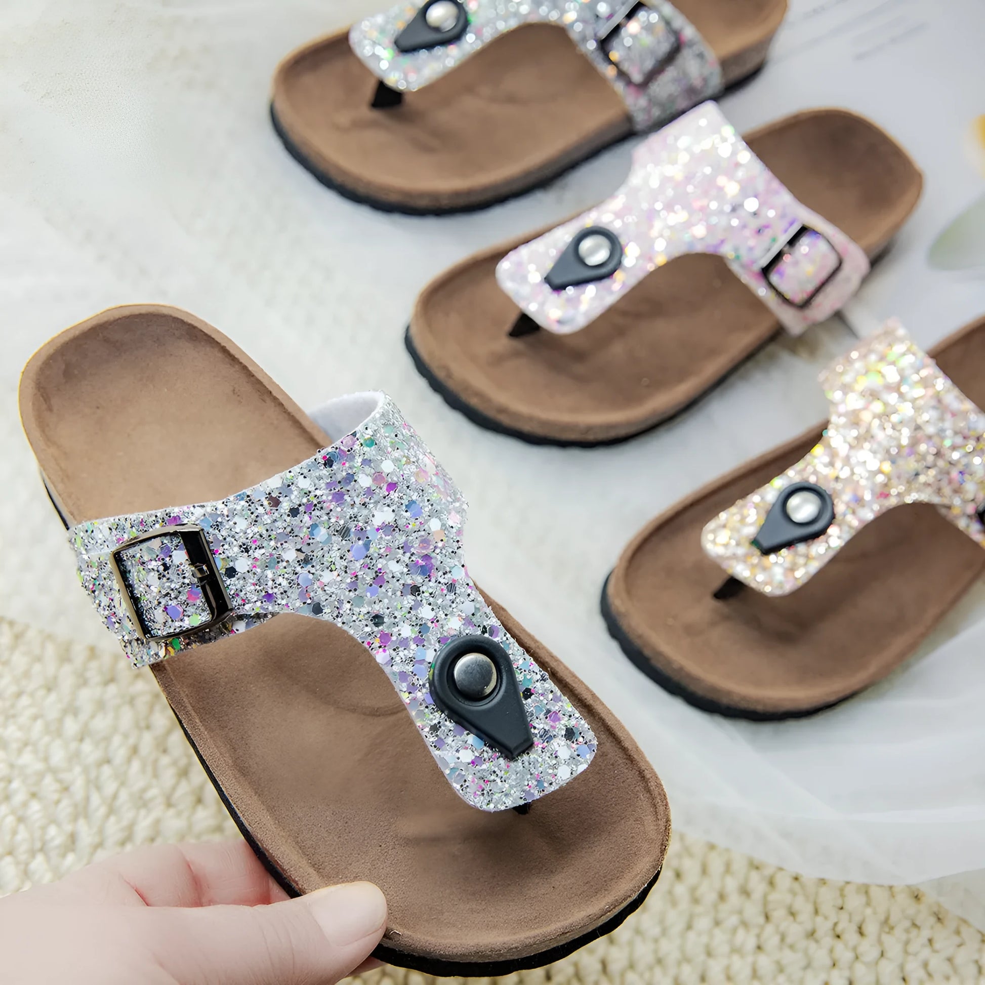 Cork flip-flops with frosted PVC sole and artificial leather upper in pink, silver, and gold colours