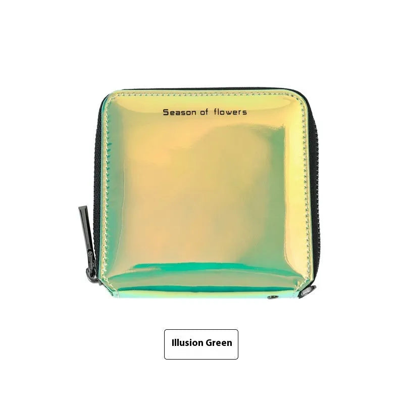 Short folding Korean-style women's wallet in PU leather showing three colour options: crystal blue, magic nail glitter, symphony green