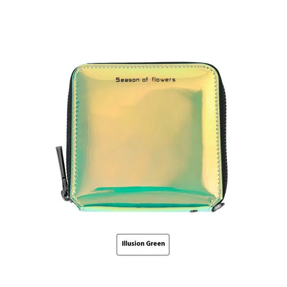 Short folding Korean-style women's wallet in PU leather showing three colour options: crystal blue, magic nail glitter, symphony green