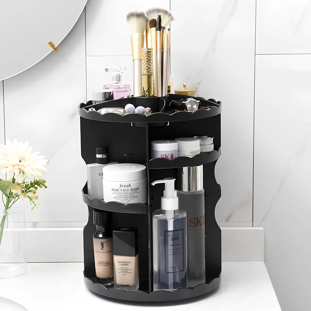 Pink rotating cosmetics storage box with 360-degree mechanism and 23 x 30.5cm dimensions organising bathroom items