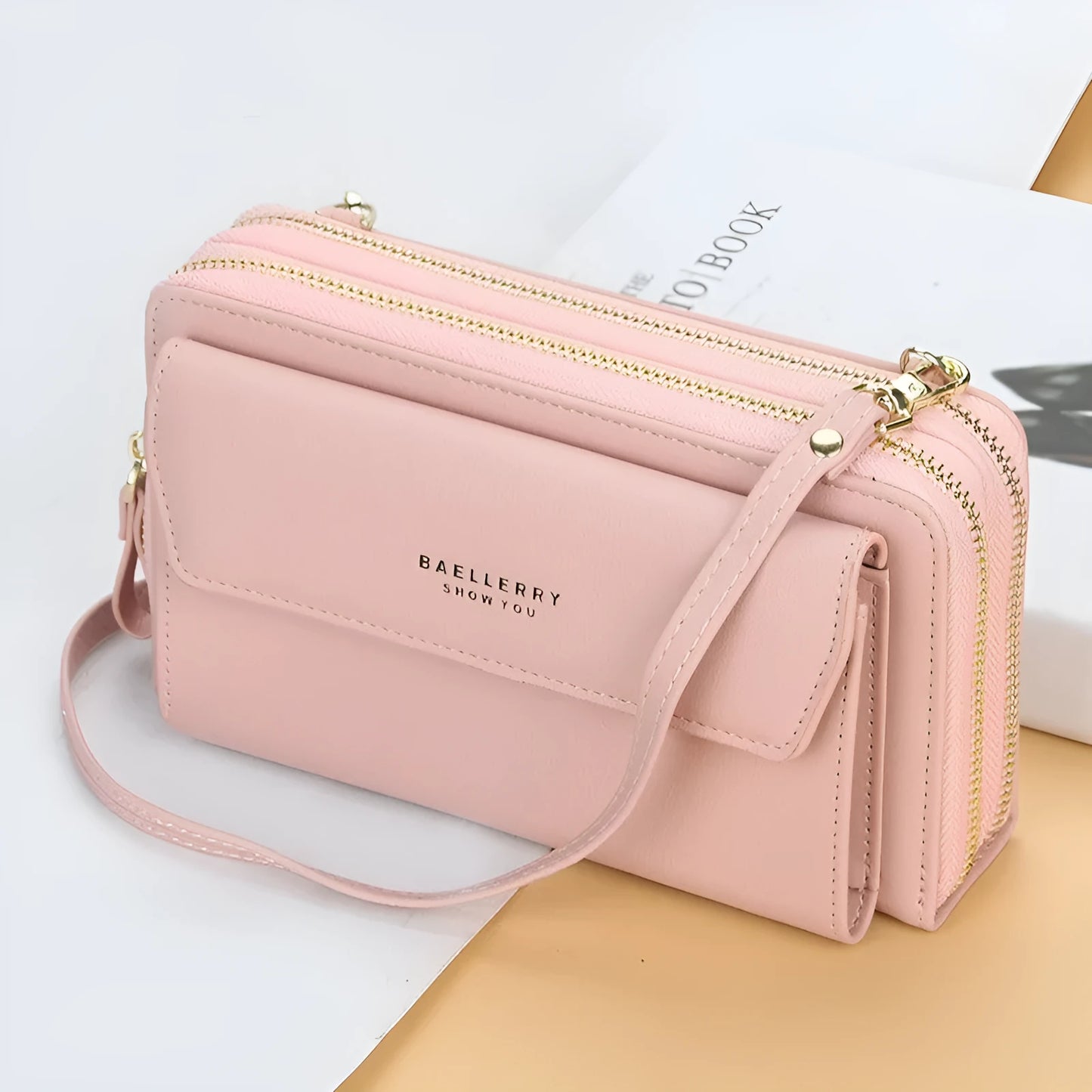 Red soft PU leather long wallet with double zipper, shown as a messenger bag.