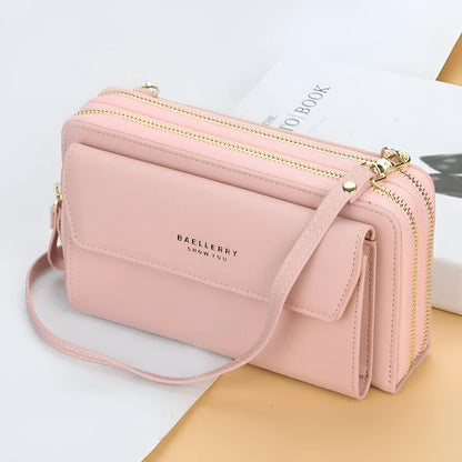 Red soft PU leather long wallet with double zipper, shown as a messenger bag.