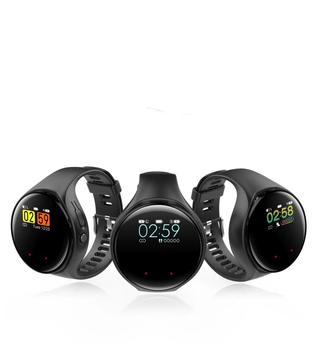 Black smart watch with detachable Bluetooth earphones docked on the side
