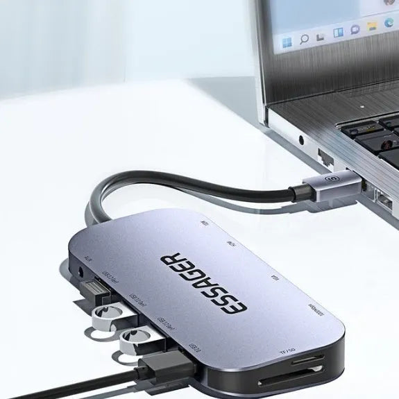 11-in-1 USB-C expansion dock with Gigabit Ethernet port and 20cm cable showing multiple connection interfaces