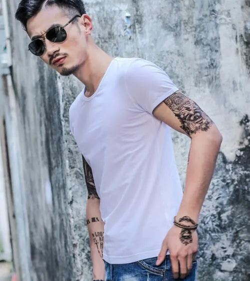 Men's bamboo fibre summer T-shirt shown in multiple colour options on a grey background.