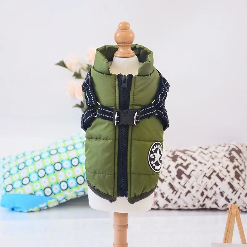 Red waterproof dog coat with built-in harness on a large dog, showing warm lining and sizing for winter.