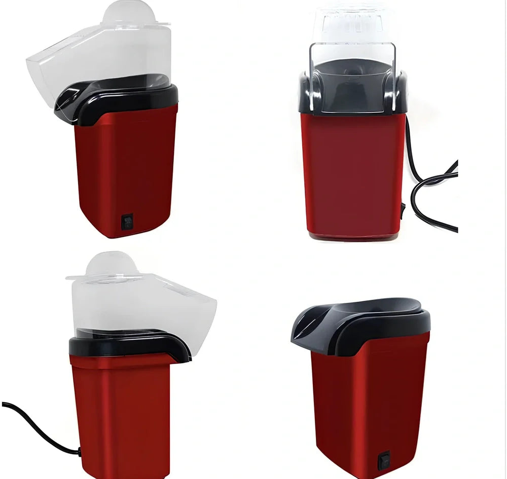 Red compact popcorn machine with aluminium cooking chamber and 1200W power rating for home use