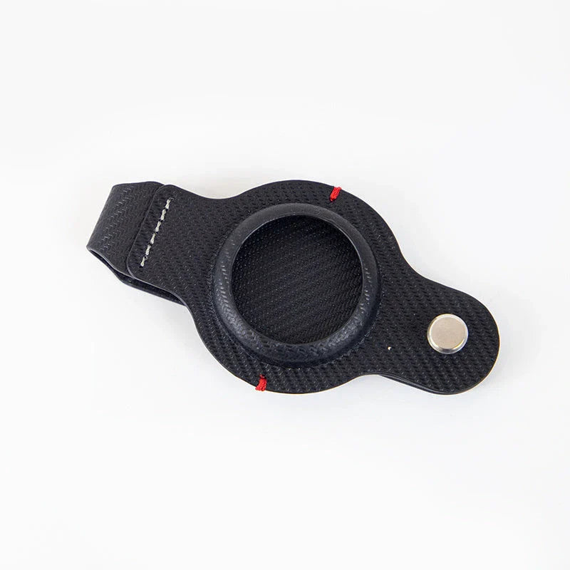 Premium PU leather AirTag keychain holder in black and grey colors for secure tracking of valuables