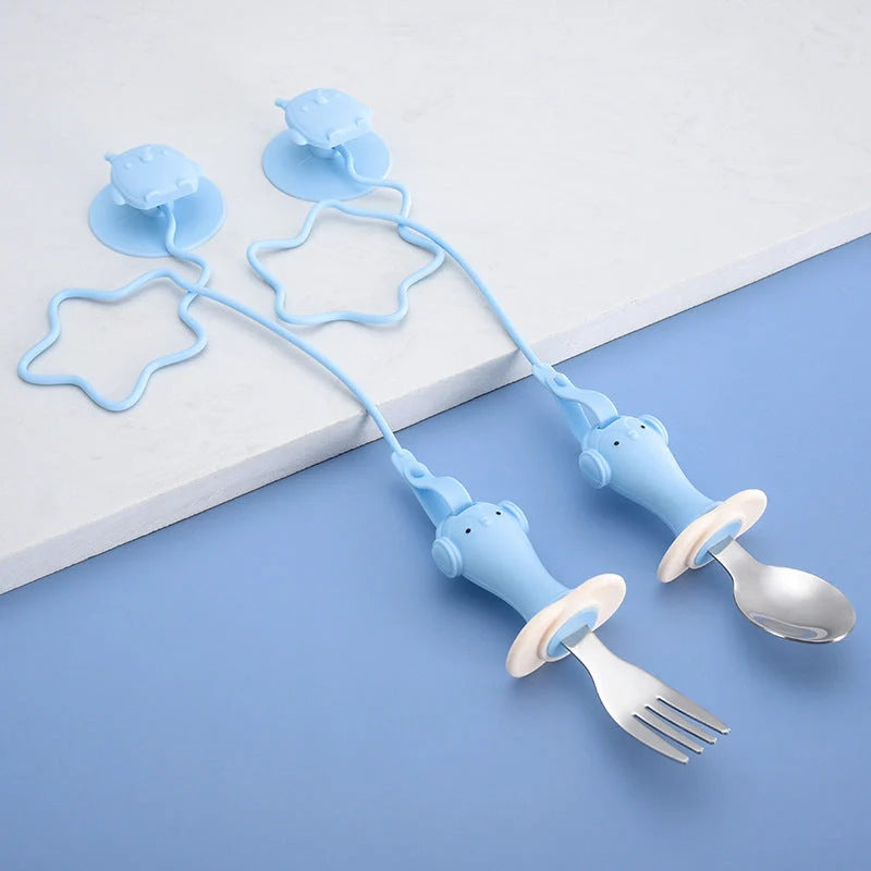 Infant stainless steel training spoon and fork set with silicone anti-drop chain and suction cup