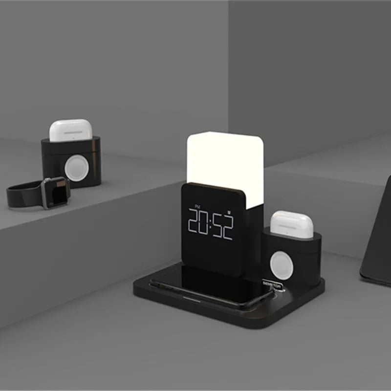 Dark green 3-in-1 Qi wireless charger stand charging a smartphone, smartwatch, and earbuds