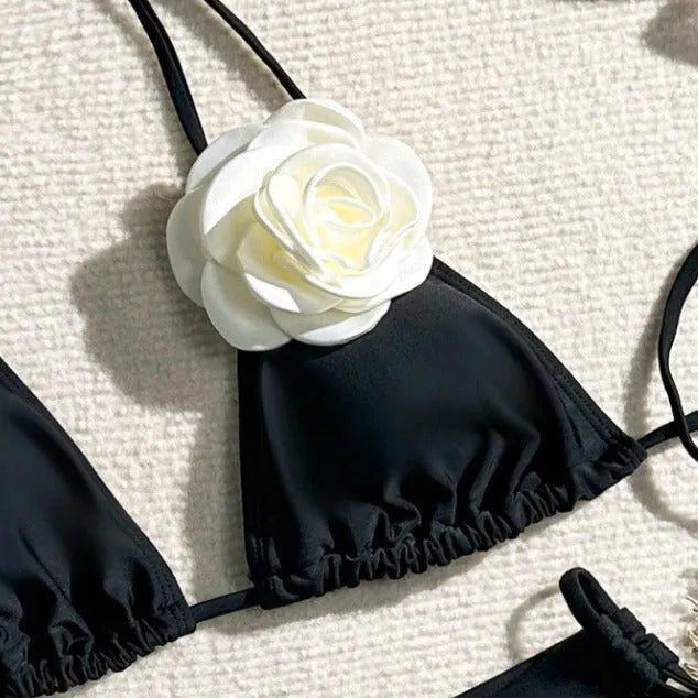 Black 3D flower lace bikini swimsuit with drawstring detailing and backless briefs design