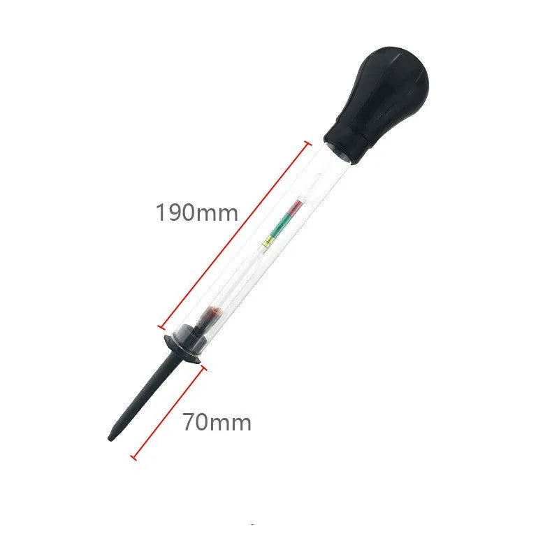 A red and black glass electrohydraulic hydrometer for testing car battery electrolyte density.
