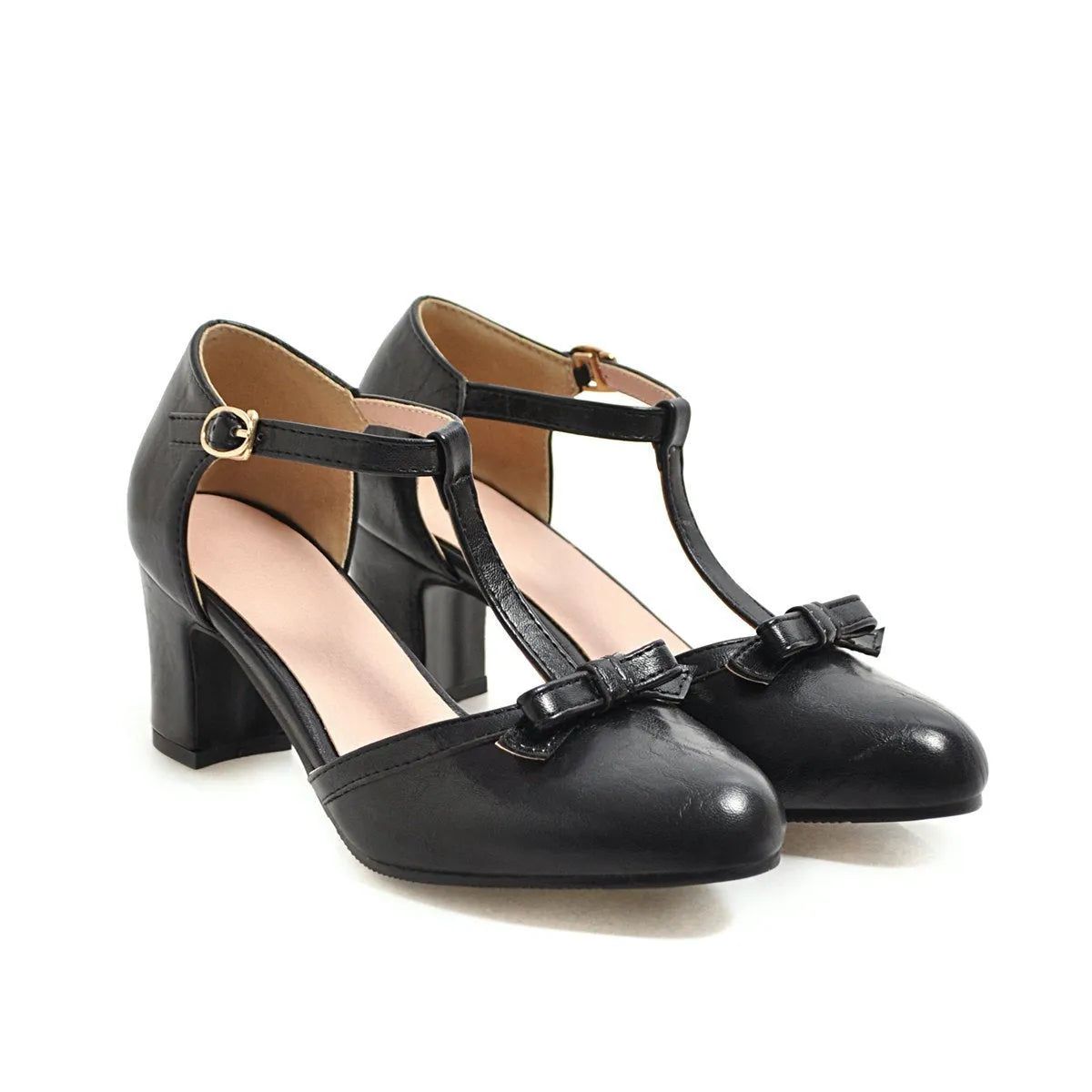 Women's apricot chunky heel sandals with bow tie, hollow-out detail, and an adjustable buckle strap.