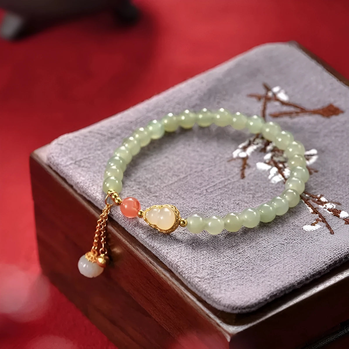 Qingshui jade women's bracelet with gold gourd charm and fu character, 6mm gold plated beads