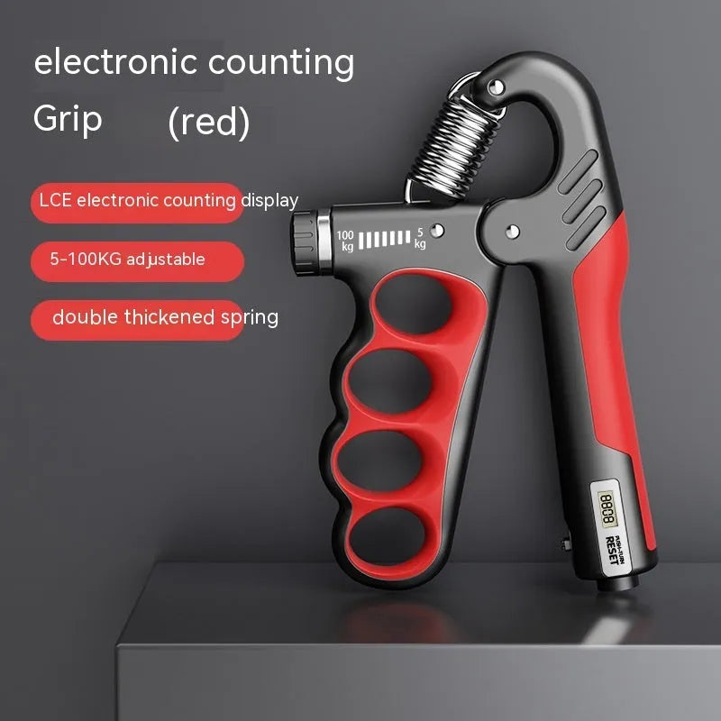 Adjustable electronic spring hand grip trainer with digital counter display in grey, orange, and red colours.