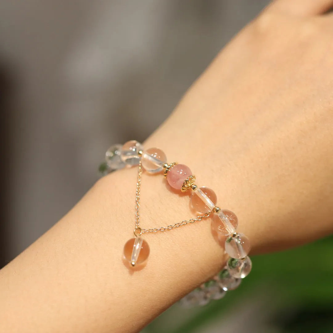 Women's white crystal cat eye obsidian bracelet with pink beads in Chinese geometric pattern