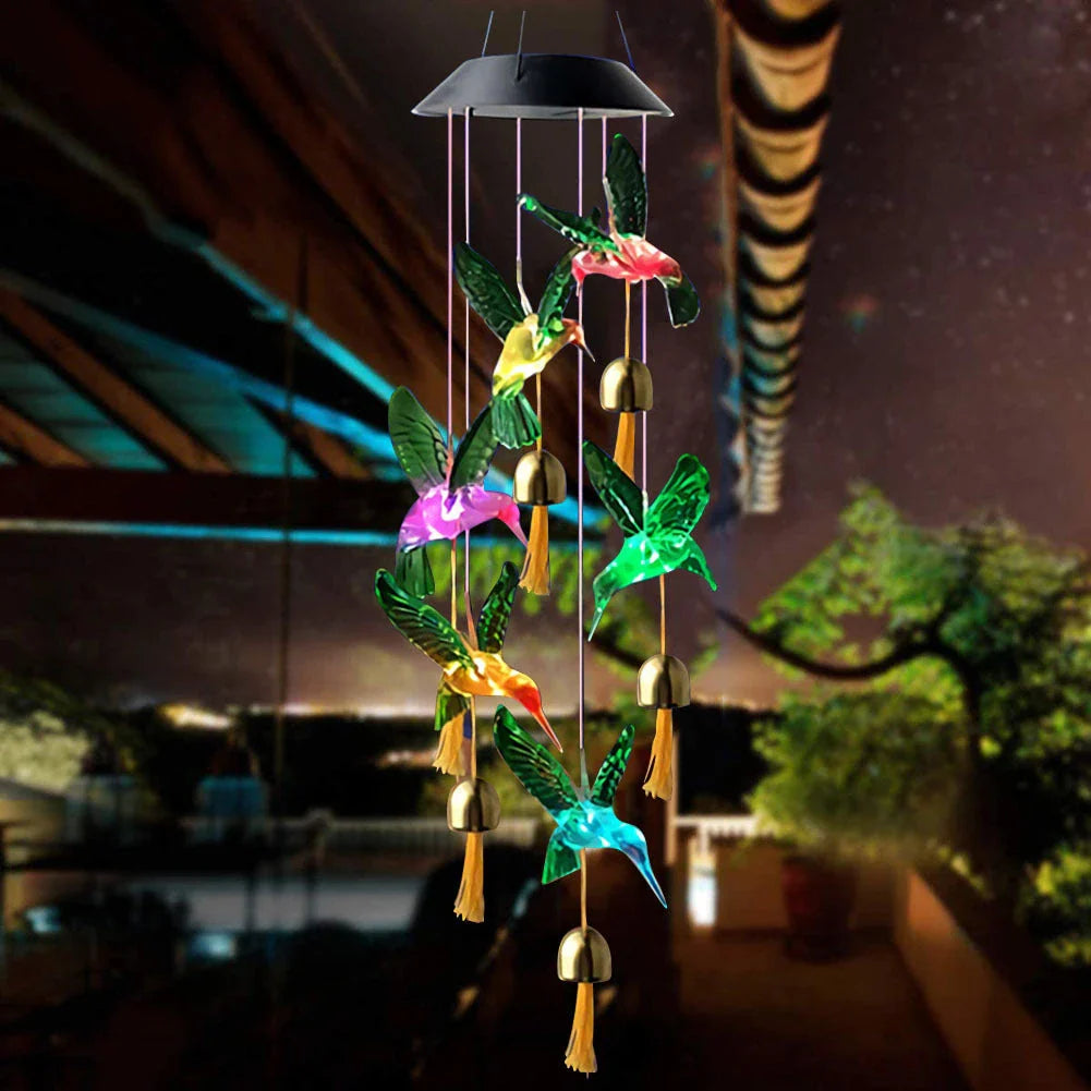Color-changing solar-powered outdoor wind chime with hummingbird and butterfly design for patio, yard, and garden decor