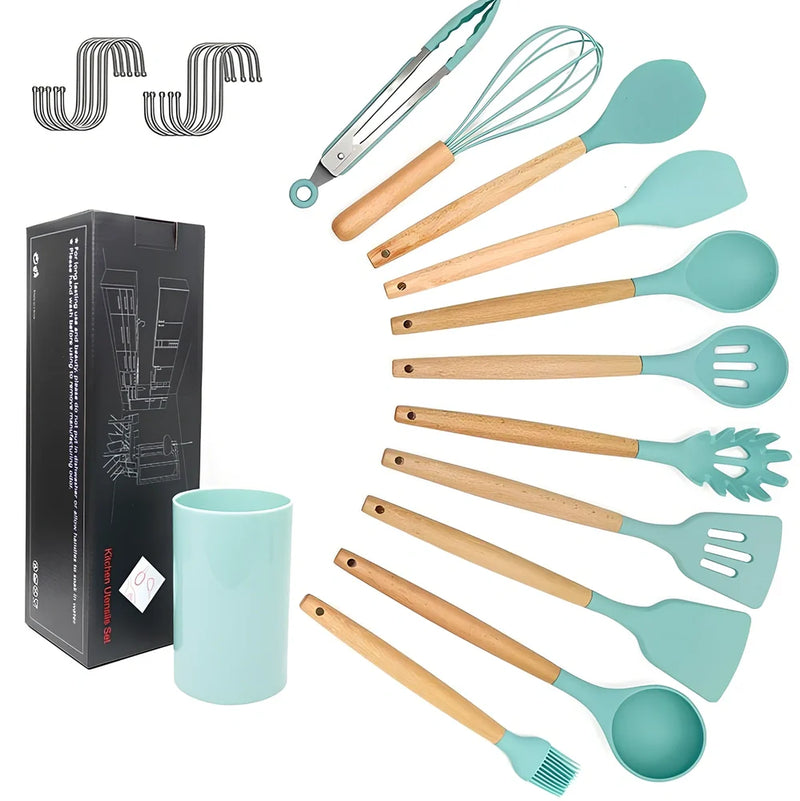11-piece silicone kitchen utensil set with heat-resistant beech handles: durable tools that protect cookware surfaces from scratches during daily food preparation tasks