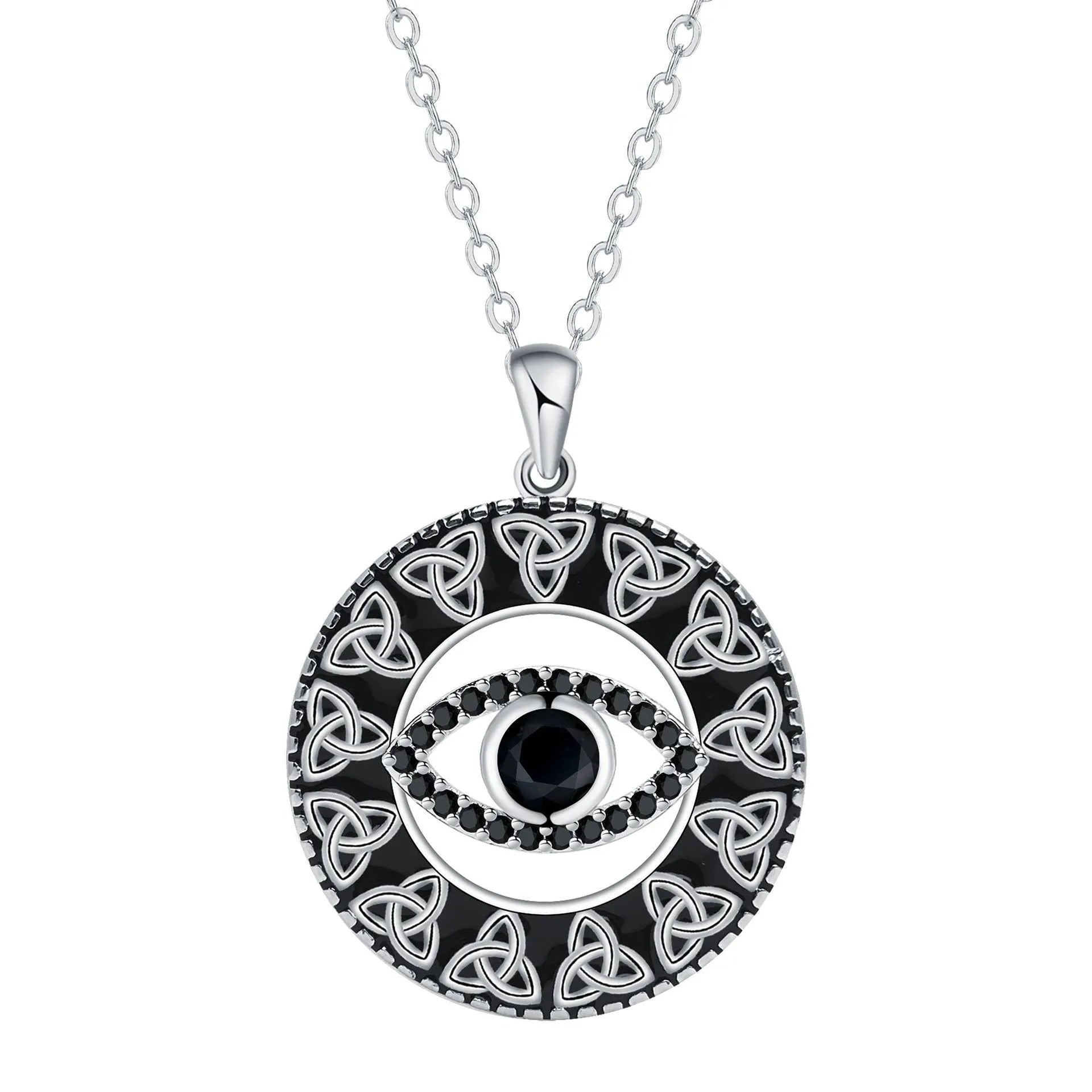 Close-up of a women's copper Devil's Eye pendant necklace on a cross chain, showing electroplated finish.