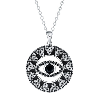 Close-up of a women's copper Devil's Eye pendant necklace on a cross chain, showing electroplated finish.