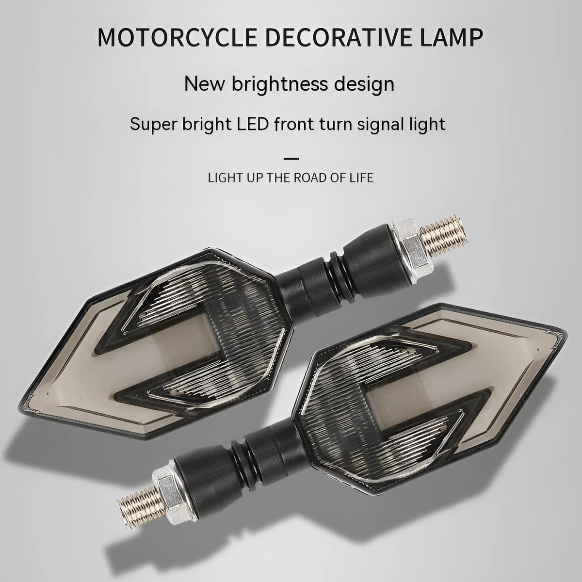 Arrow-shaped LED motorcycle directional turn signal light for 12V systems.