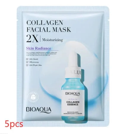 White collagen and hyaluronic acid facial sheet mask in 30g gel format on skin