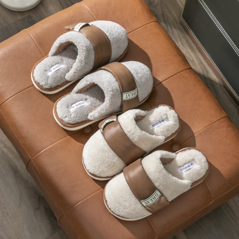 Beige Velcro-fastening plush indoor slippers with round toe and non-slip plastic sole.